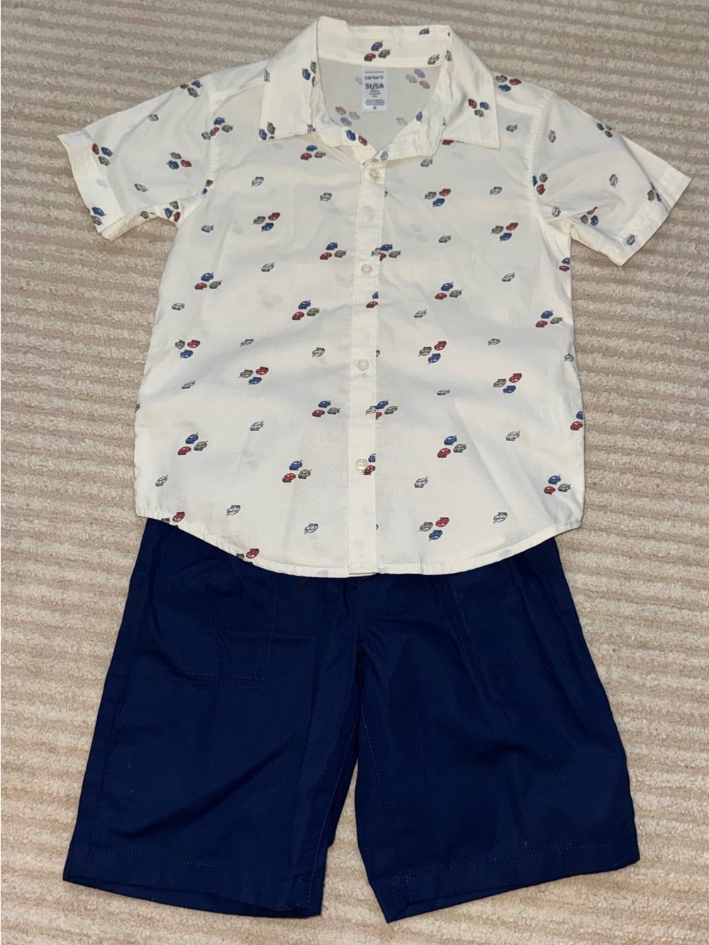 Carter's Cream Short-Sleeve Button-Down with Navy Shorts Pajama Set